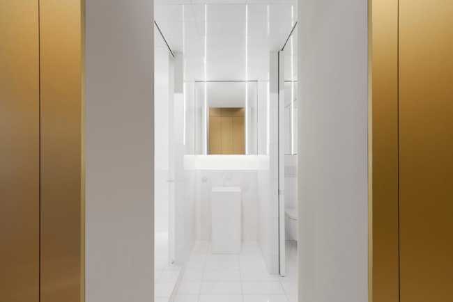 white bathroom in contrast with brass wall